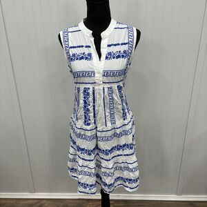 Me 2 Magic Dress Women's XL White Blue Embroidered Greek Key Tiered Sleeveless